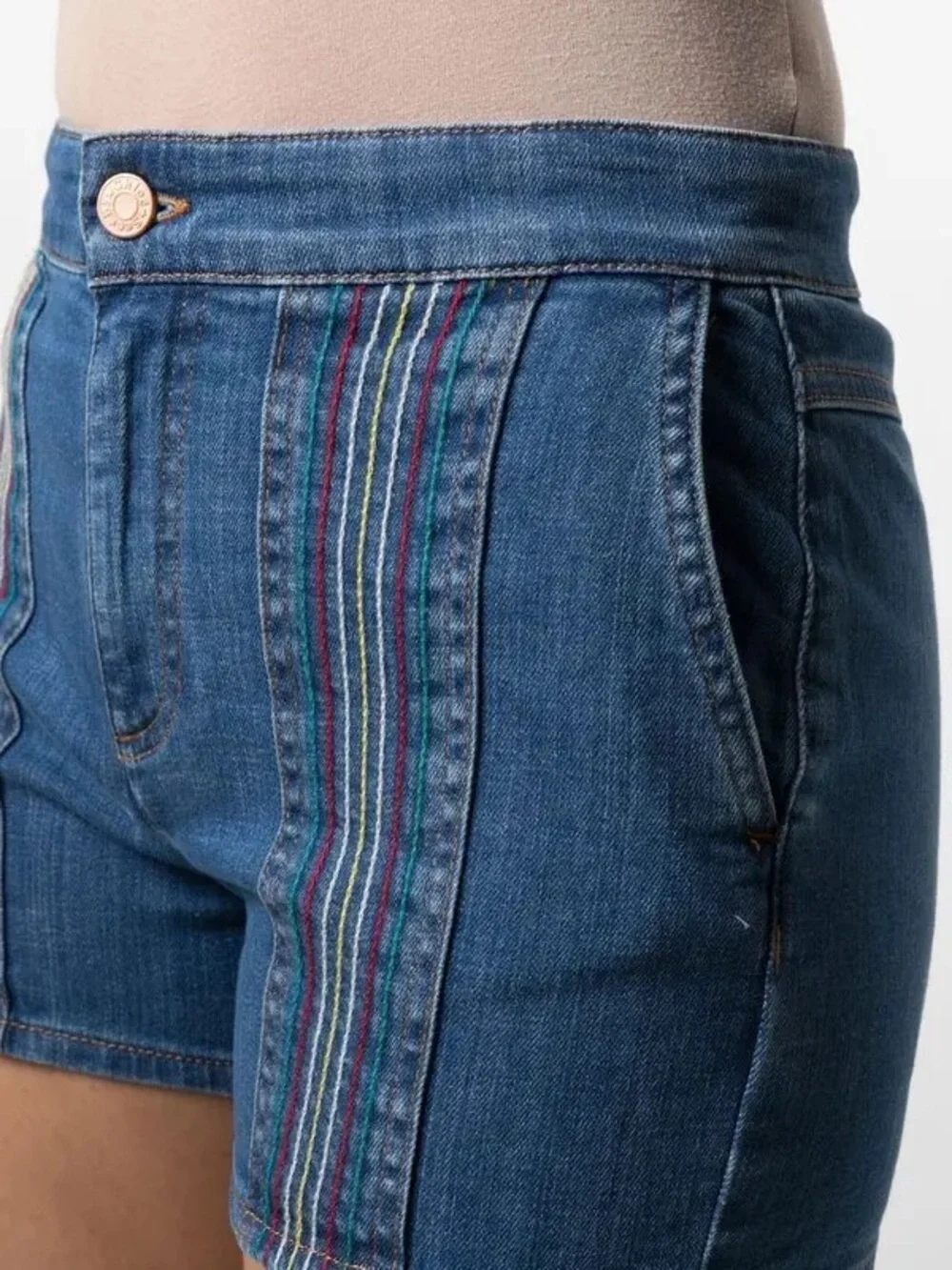 High-Rise Blue Denim Shorts with Side Embroidered Trim - Picture 2 of 4